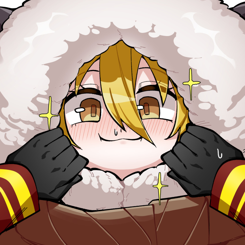1girl, 1other, :3, black_gloves, blonde_hair, brown_scarf, closed_mouth, commentary_request, dante_(limbus_company), don_quixote_(project_moon), fey_(whitepaper), fur_hood, gloves, hair_between_eyes, heishou_pack-wei_branch_(identity)_(project_moon), highres, korean_commentary, limbus_company, looking_at_viewer, portrait, pov, project_moon, red_scarf, scarf, smile, snot, sparkle, yellow_eyes