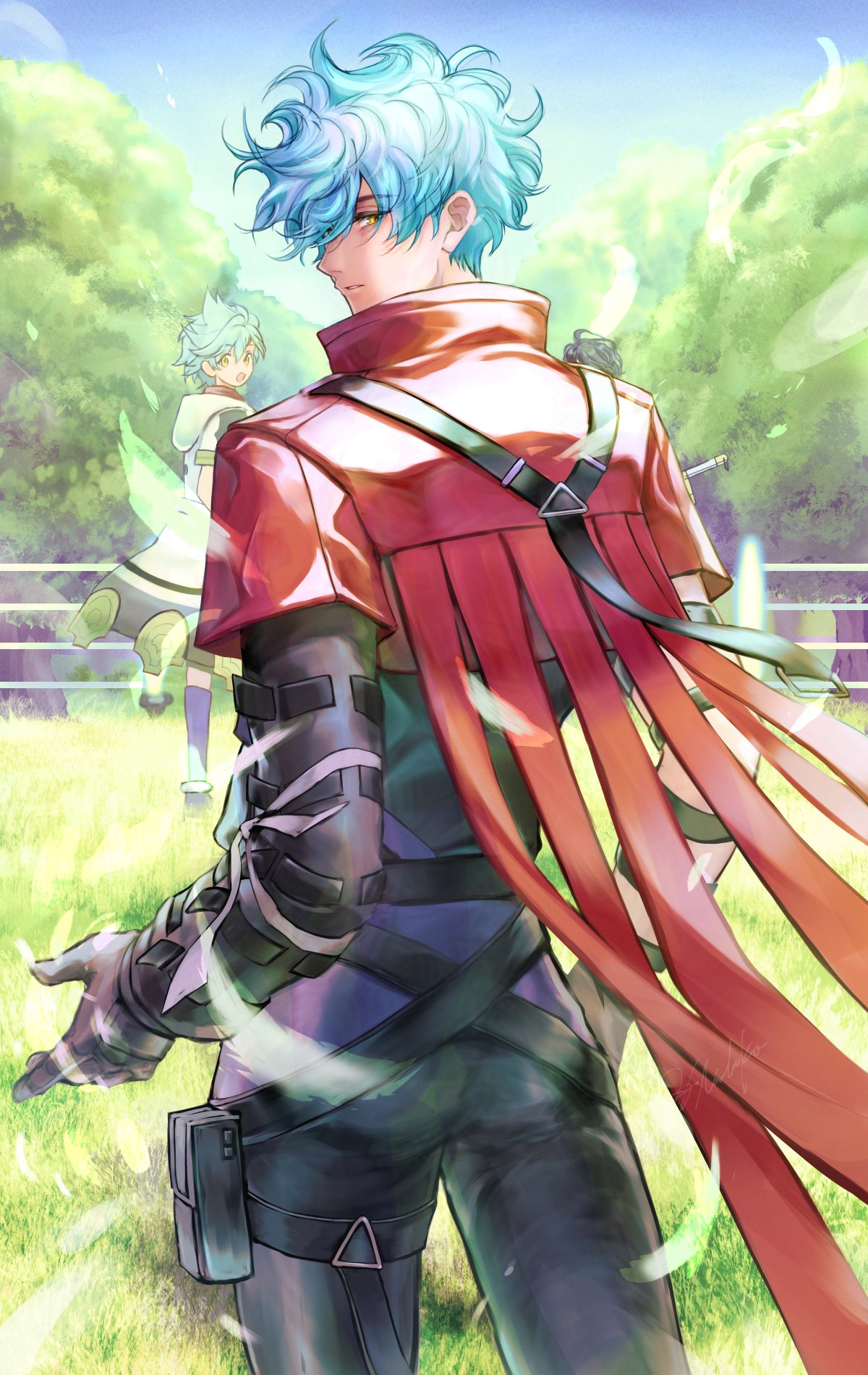 2boys, another_eden, aqua_hair, belt, black_belt, black_gloves, black_pants, capelet