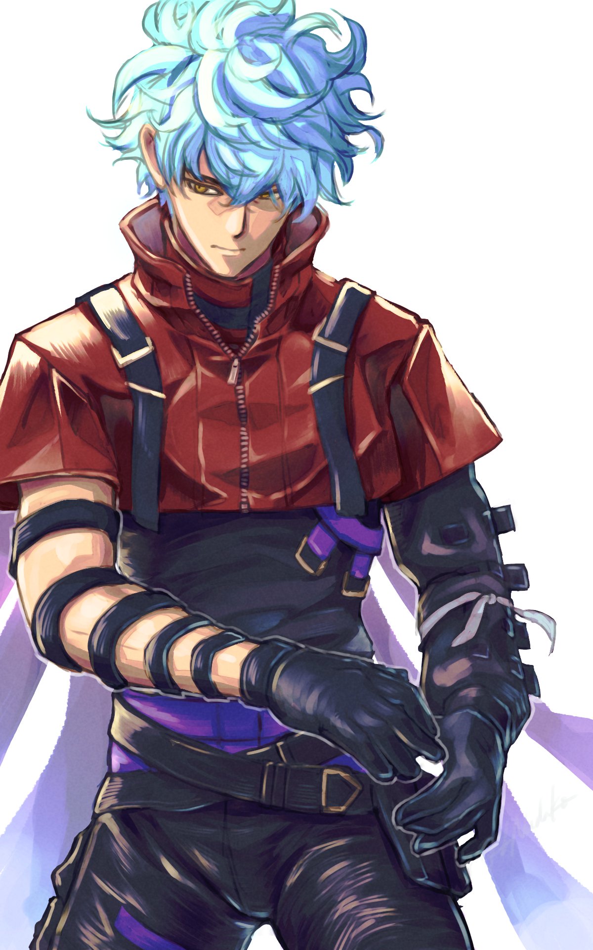 1boy, another_eden, aqua_hair, arm_belt, black_gloves, black_pantyhose, black_shirt, capelet