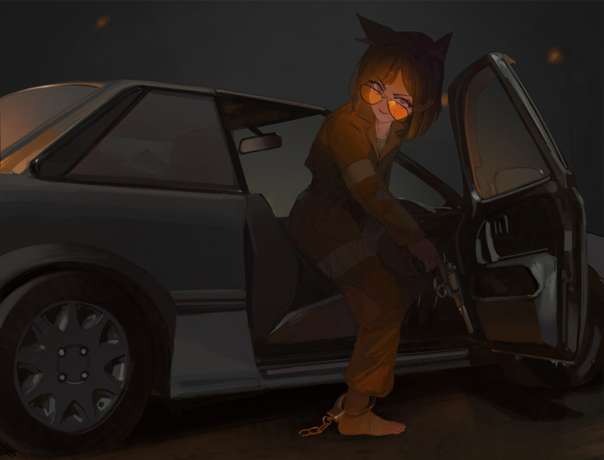 1girl, absurdres, animal_ears, barefoot, broken_handcuffs, car, cat_ears, cat_girl, coco_(polilla), commentary, english_commentary, foot_wraps, gun, highres, holding, holding_gun, holding_weapon, looking_at_viewer, looking_over_eyewear, motor_vehicle, nagant_m1895, night, polilla, polivia, prison_clothes, revolver, single_ankle_cuff, sunglasses, undershirt, weapon