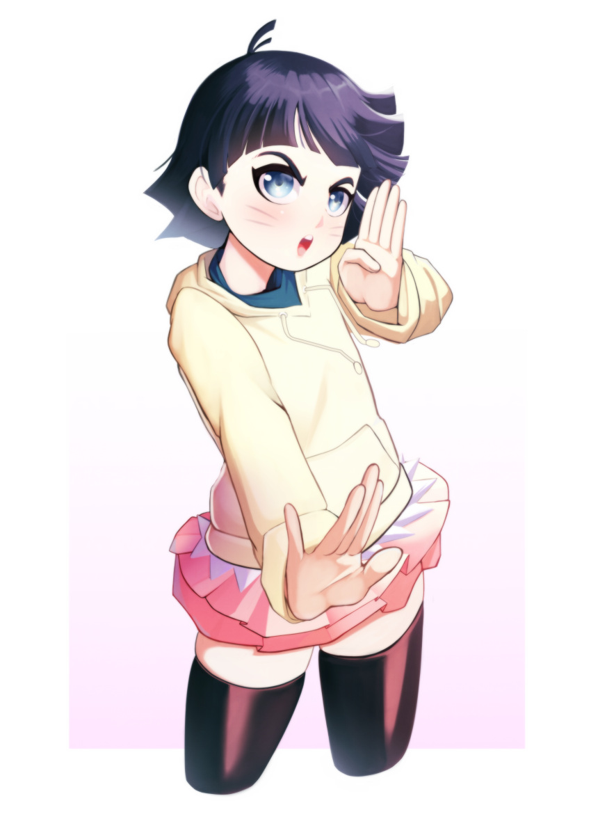 1girl, absurdres, antenna_hair, balcony, black_thighhighs, blue_eyes, boruto:_naruto_next_generations, commentary