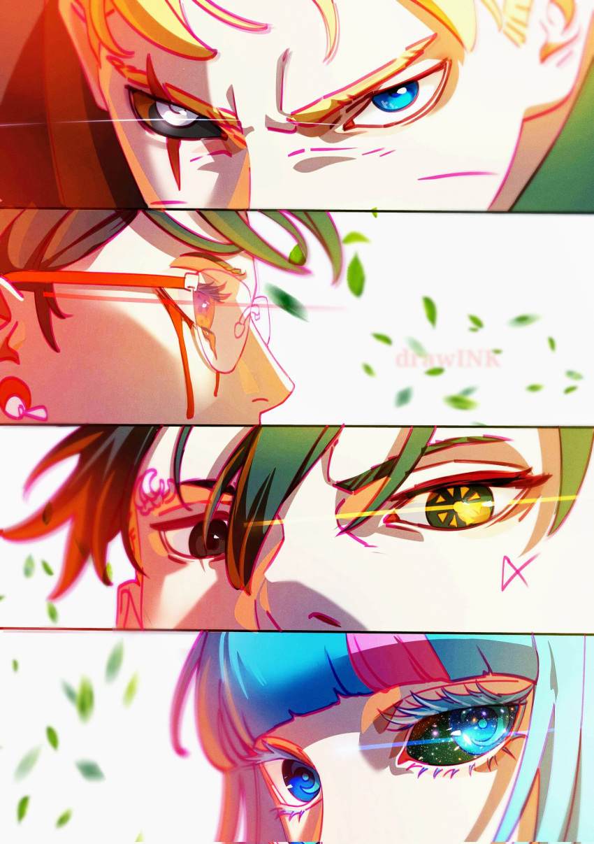 2boys, 2girls, ada_(naruto), artist_name, black_hair, black_sclera, blonde_hair, blood