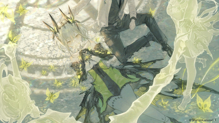 1boy, 3girls, black_necktie, black_shoes, bug, butterfly, caramelmarron, commentary_request