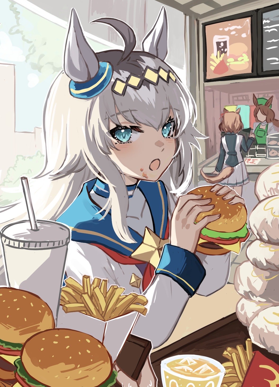 3girls, ahoge, animal_ears, apron, belno_light_(umamusume), blue_eyes, blue_sailor_collar, blush, booth_seating, brooch, brown_hair, burger, cashier, cup, disposable_cup, ear_ornament, eating, employee_uniform, fast_food_uniform, food, food_on_face, french_fries, glutton, green_apron, green_hat, grey_hair, hair_between_eyes, hair_ornament, hairband, hat, highres, holding, holding_burger, holding_food, horse_ears, horse_girl, horse_tail, ice, ice_cube, jacket, jewelry, kasamatsu_tracen_school_uniform, long_hair, long_sleeves, looking_at_viewer, mcdonald's, multicolored_hair, multicolored_jacket, multiple_girls, neckerchief, oguri_cap_(starlight_beat)_(umamusume), oguri_cap_(umamusume), open_mouth, pleated_skirt, red_neckerchief, sailor_collar, school_uniform, shirt, short_hair, skirt, soda, star_brooch, tail, ten-chan_(eternal_s), tray, two-tone_jacket, umamusume, umamusume:_cinderella_gray, white_jacket, white_shirt, white_skirt
