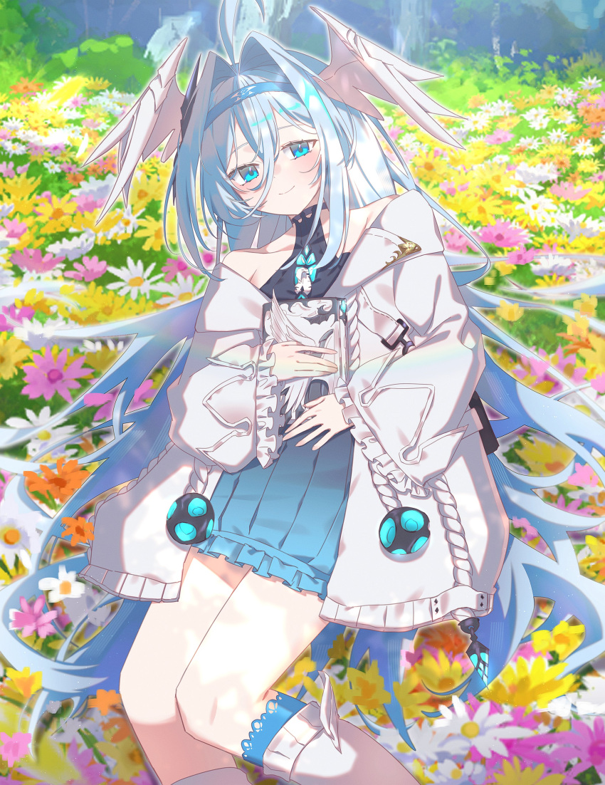 1girl, absurdres, ahoge, blue_dress, blue_eyes, blue_hair, blue_hairband, blush, closed_mouth, coat, commentary_request, dress, duet_night_abyss, fina_(duet_night_abyss), flower, hair_between_eyes, hair_intakes, hair_ornament, hairband, highres, korean_commentary, lemonisblue, long_hair, long_hair_between_eyes, open_clothes, open_coat, pink_flower, smile, solo, very_long_hair, white_coat, white_flower, yellow_flower