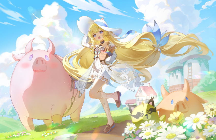 1girl, :d, baguette, basket, blonde_hair, blue_bow, blue_eyes, blue_sky
