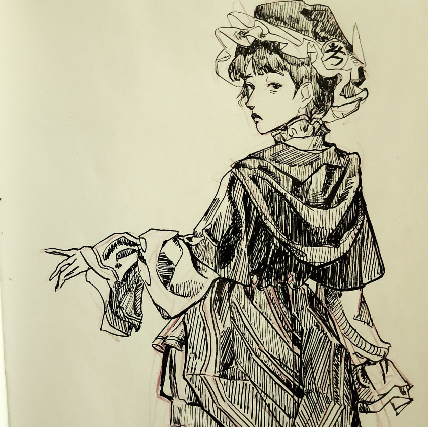 1other, alternate_costume, androgynous, arrow_print, capelet, closed_mouth, collared_dress, commentary