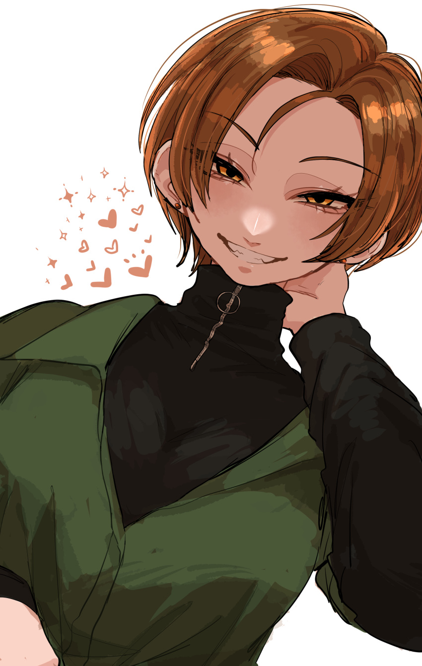 1girl, absurdres, black_shirt, commentary_request, earrings, grin, hand_up, heart