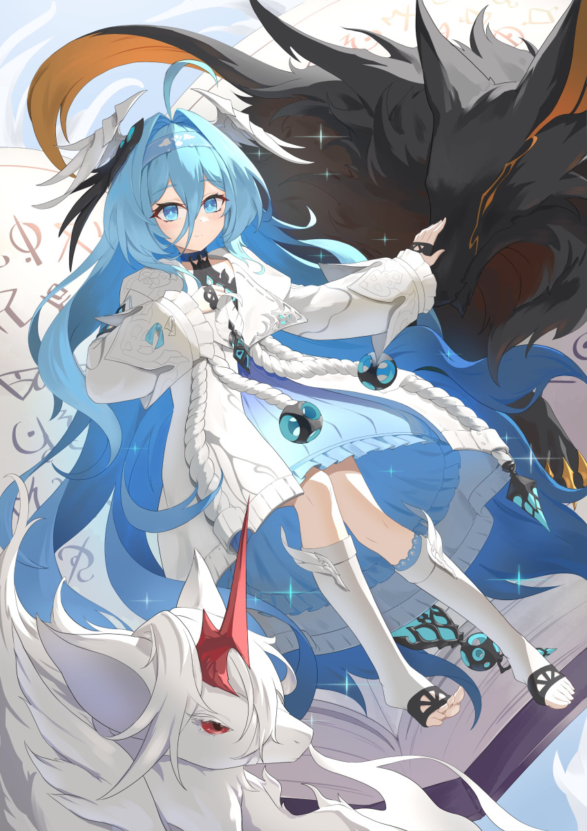 1girl, absurdres, ahoge, blue_dress, blue_eyes, blue_hair, blue_hairband, chinese_commentary