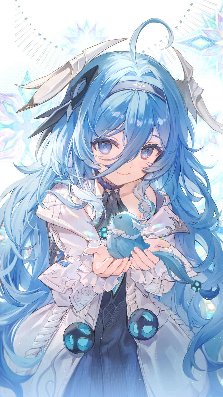 1girl, ahoge, bird, blue_eyes, blue_hair, blue_hairband, closed_mouth, coat