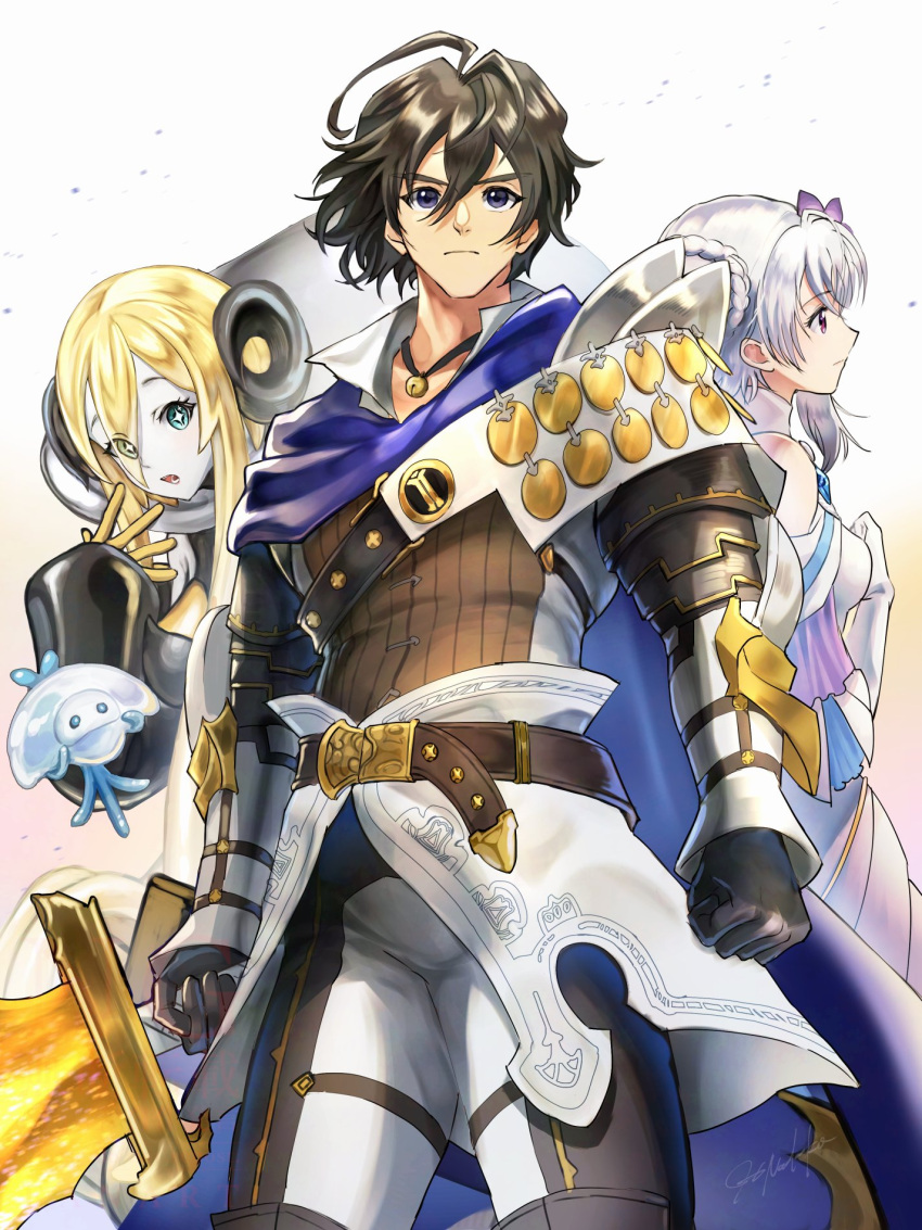 1boy, 2girls, ahoge, aldo_(another_eden), another_eden, armor, bare_shoulders, bell