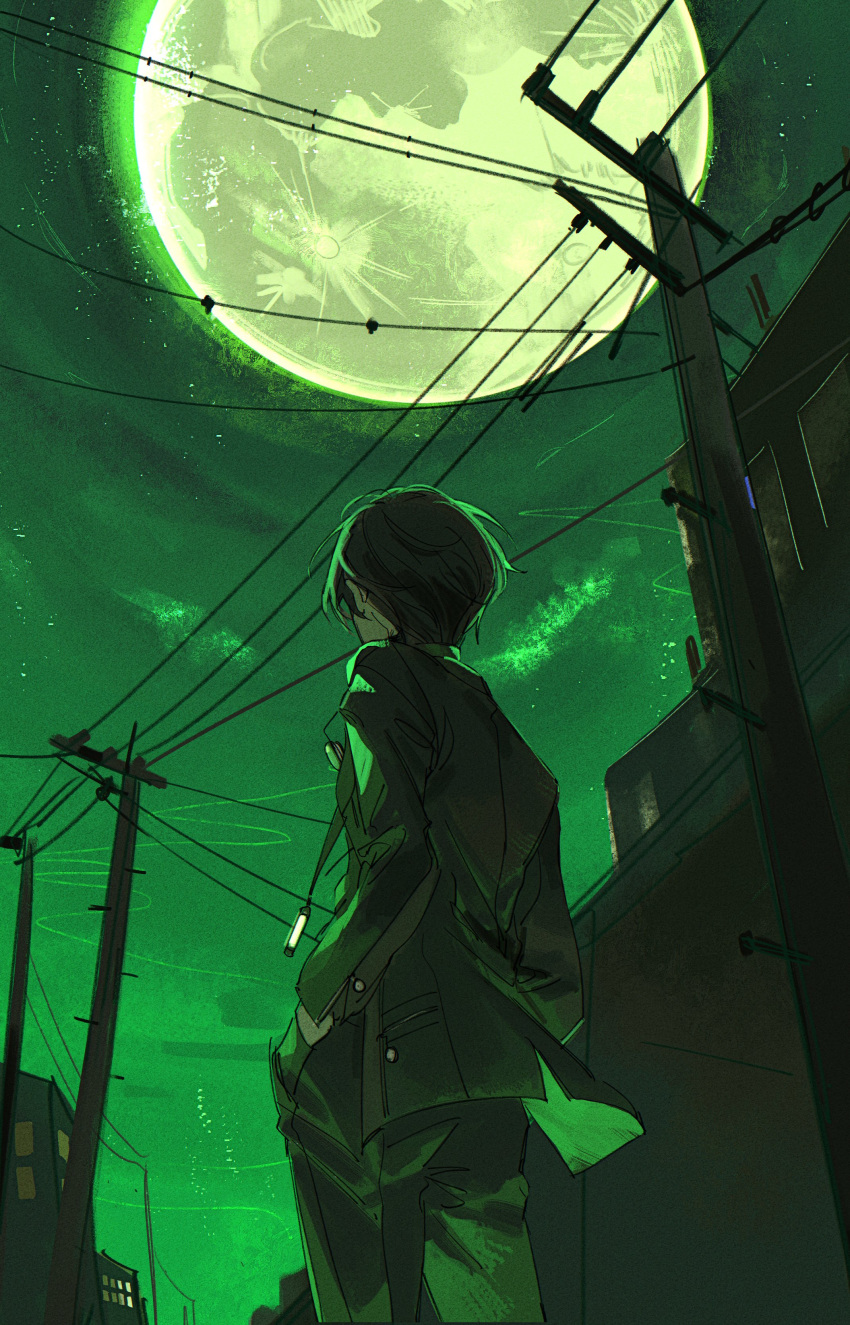 1boy, absurdres, building, clar_sona, from_behind, full_moon, gekkoukan_high_school_uniform, green_sky, hand_in_pocket, highres, jacket, long_sleeves, male_focus, moon, mp3_player, night, outdoors, persona, persona_3, power_lines, school_uniform, sky, solo, utility_pole, yuuki_makoto_(persona_3)