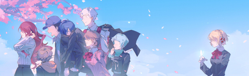 4boys, 4girls, absurdres, aigis_(persona), amada_ken, baseball_cap, black_hair, black_jacket