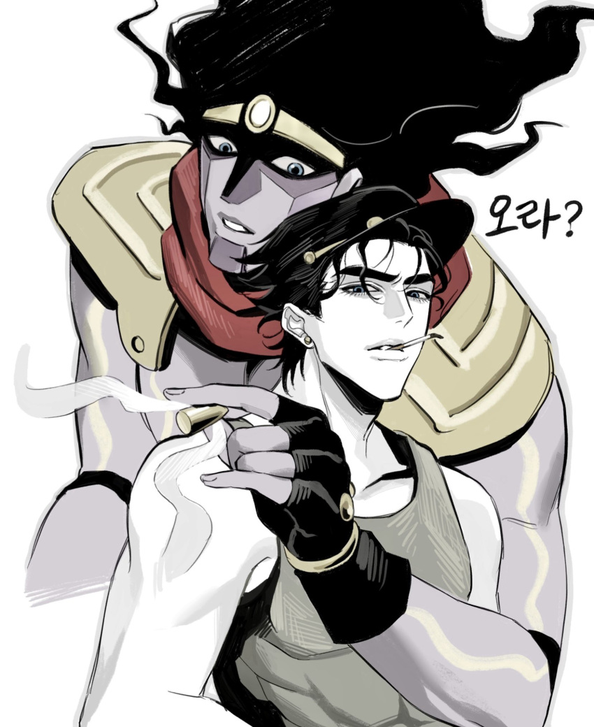 2boys, black_gloves, black_hair, black_hat, blue_eyes, bullet, cigarette, commentary_request