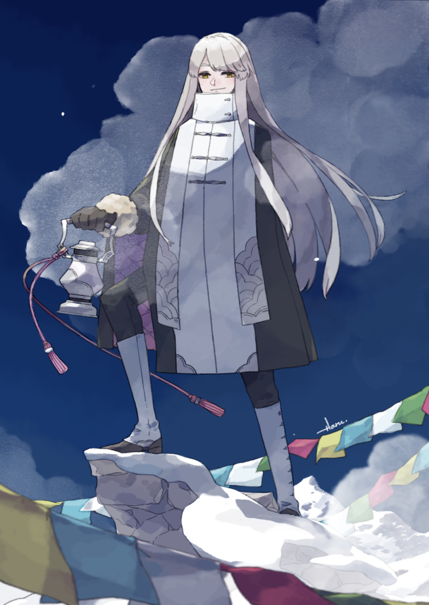 black_gloves, coat, commentary_request, gloves, highres, khemri_(mountain_of_heaven), lantern, long_hair