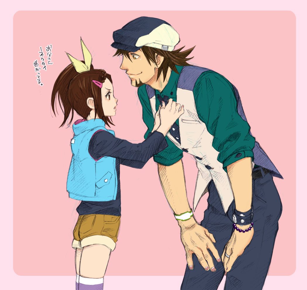 age_difference, brown_eyes, brown_hair, cabbie_hat, facial_hair, father_and_daughter, hair_ornament, hairclip