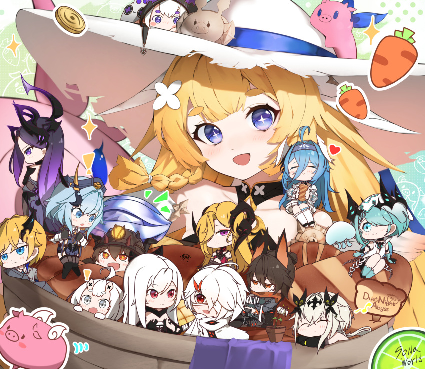 !, 3boys, 6+girls, :d, ahoge, animal_ears, aqua_hair, artist_name