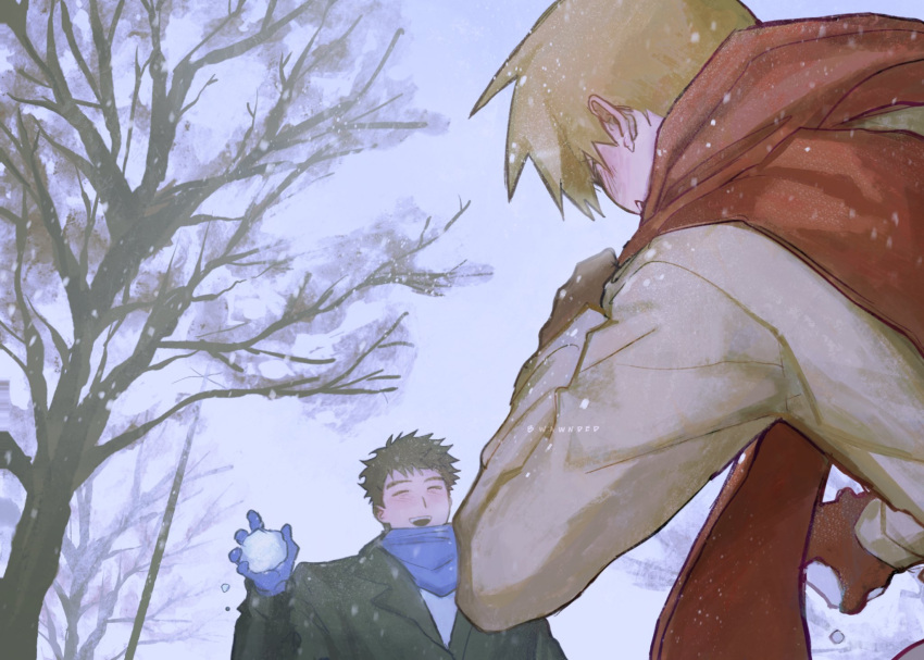 2boys, arm_up, bare_tree, black_coat, black_hair, blue_gloves, blue_scarf, bwawnded