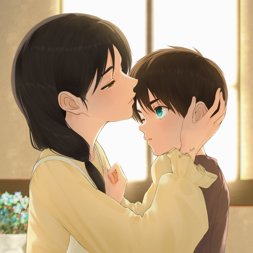 1boy, 1girl, apron, aqua_eyes, black_hair, brown_eyes, brown_hair, brown_shirt