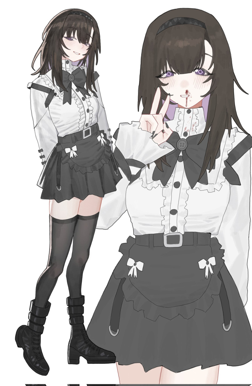 1girl, arms_behind_back, black_boots, black_bow, black_hairband, black_nails, black_skirt, black_thighhighs, blood, blush, boots, bow, brown_hair, commentary, cowboy_shot, english_commentary, frilled_shirt, frills, full_body, hair_between_eyes, hairband, highres, izaru_31, jirai_kei, multiple_views, nosebleed, original, shirt, shirt_tucked_in, simple_background, skirt, smile, standing, thigh-highs, v, violet_eyes, white_background, white_shirt