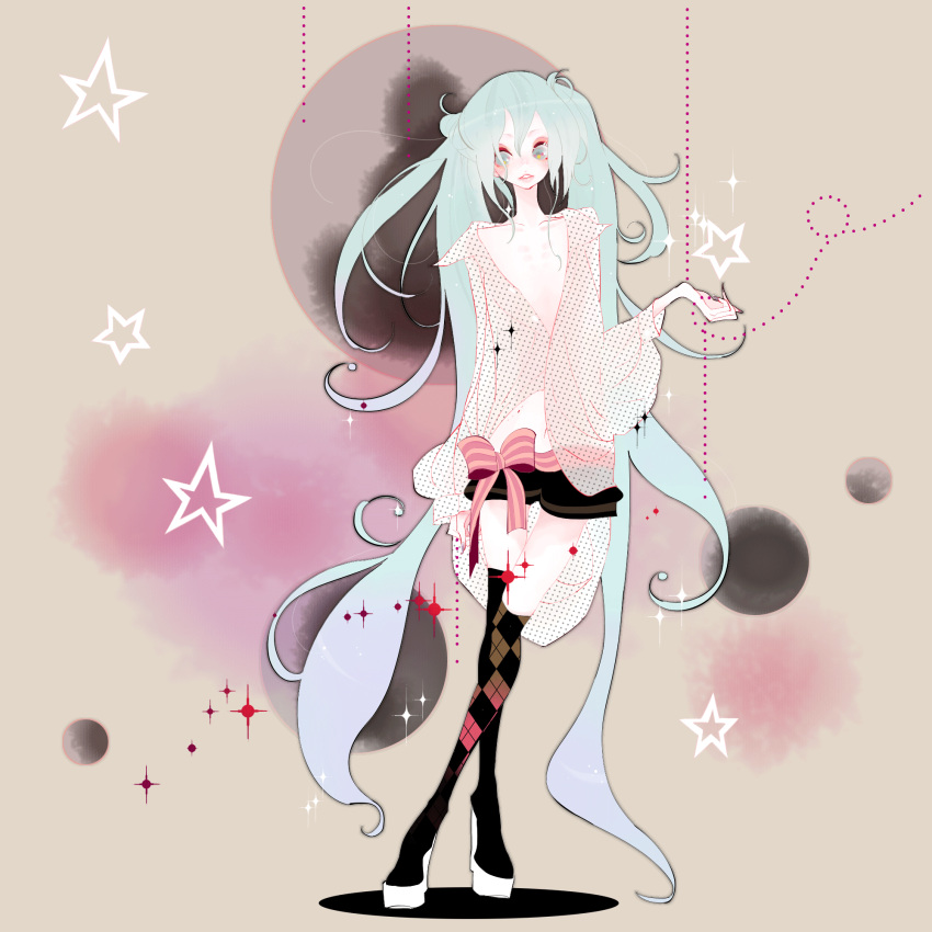 bad_id, bow, ebcda, hatsune_miku, highres, long_hair, thigh-highs, thighhighs