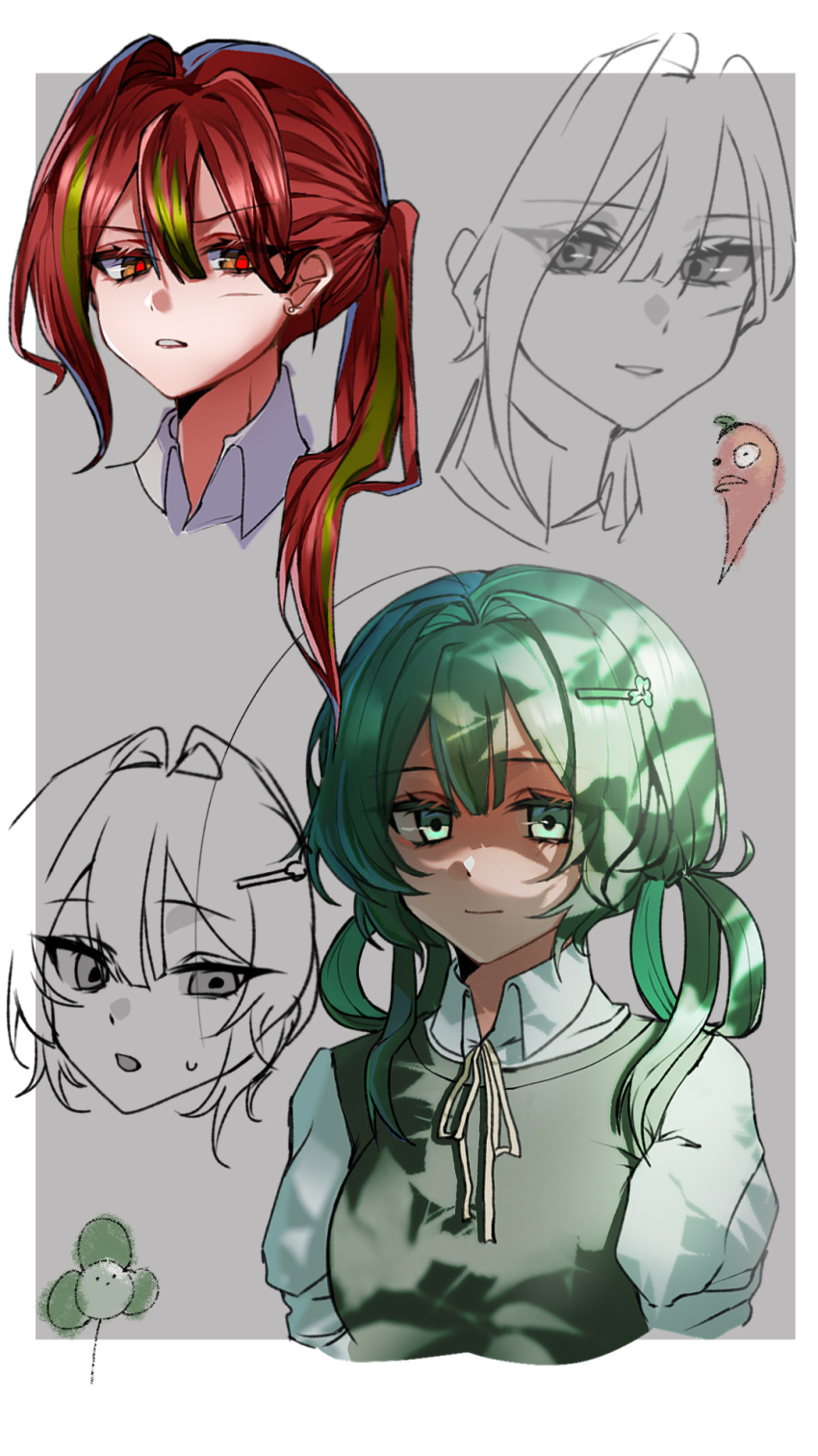 2girls, ahoge, annoyed, arms_at_sides, blover_(plants_vs._zombies), border, breasts, center-flap_bangs, chinese_commentary, closed_mouth, collared_shirt, commentary_request, cropped_head, cropped_torso, dappled_sunlight, double-parted_bangs, genderswap, genderswap_(mtf), green_eyes, green_hair, green_sweater_vest, grey_background, grin, hair_between_eyes, hair_intakes, hair_ornament, half-closed_eyes, highres, jalapeno_(plants_vs._zombies), long_hair, looking_at_viewer, low_twintails, medium_hair, multicolored_hair, multiple_girls, neck_ribbon, oleander03034, outside_border, parted_lips, personification, plants_vs._zombies, ponytail, puffy_short_sleeves, puffy_sleeves, red_eyes, red_hair, ribbon, shirt, short_sleeves, sidelocks, simple_background, small_breasts, smile, streaked_hair, sunlight, sweater_vest, tsurime, twintails, two-tone_hair, v-shaped_eyebrows, white_border, white_ribbon, white_shirt