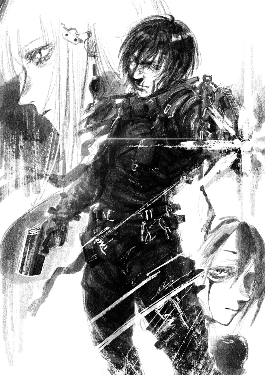 1boy, 2girls, belt, blame!, bodysuit, character_request, closed_mouth, commentary
