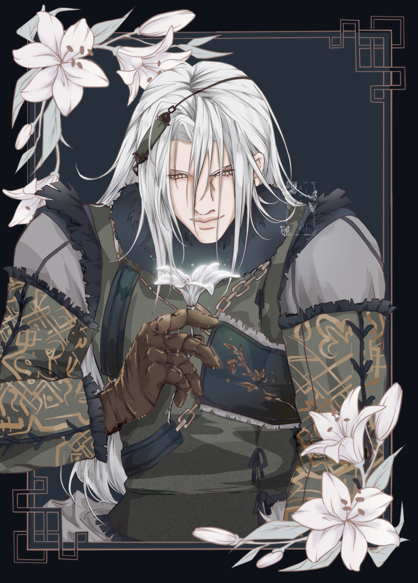 1boy, absurdres, black_bow, bow, chain, closed_mouth, coat, commentary, cosplay, english_commentary, final_fantasy, final_fantasy_vii, final_fantasy_vii:_ever_crisis, flower, fur-trimmed_coat, fur_trim, grey_hair, hair_between_eyes, highres, holding, holding_flower, lily_(flower), long_hair, male_focus, metal_gloves, nier_(brother), nier_(brother)_(cosplay), official_alternate_costume, parted_bangs, sephiroth, shanlieart, solo, upper_body, white_eyes, white_flower
