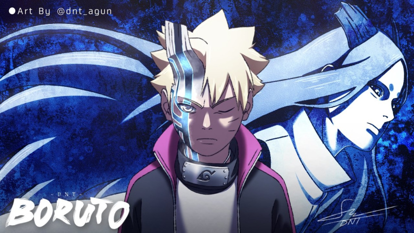 2boys, artist_name, black_jacket, blonde_hair, boruto:_naruto_next_generations, commentary, commission, copyright_name