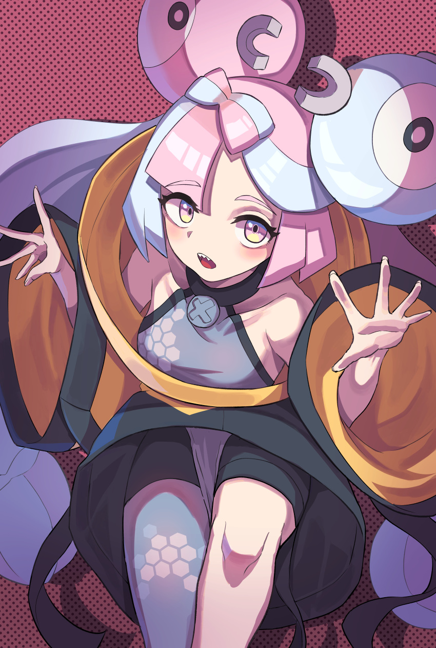 1girl, absurdres, blue_hair, bow-shaped_hair, breasts, character_hair_ornament, criss-cross_halter, fake_hair_bun, grey_pantyhose, hair_ornament, halter_shirt, halterneck, hexagon_print, highres, iono_(pokemon), jacket, long_hair, long_sleeves, medium_breasts, multicolored_hair, open_mouth, oversized_clothes, pantyhose, pantyhose_under_shorts, pink_hair, pokemon, pokemon_sv, sharp_teeth, shorts, single_leg_pantyhose, smile, solo, split-color_hair, teeth, twintails, x_(symbol), yellow_jacket, yogert_chip