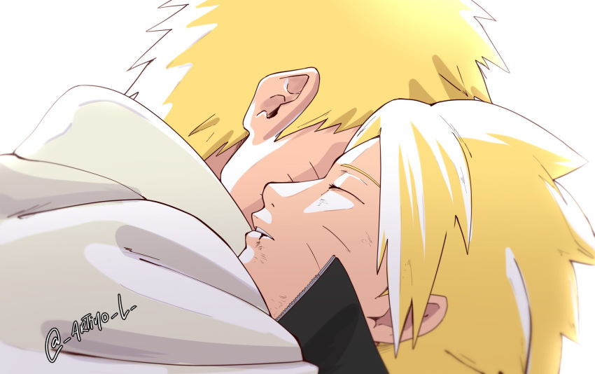 2boys, artino_l, blonde_hair, blood, blood_from_mouth, boruto:_naruto_next_generations, cape, closed_eyes, facial_mark, father_and_son, highres, hug, male_focus, multiple_boys, naruto_(series), twitter_username, uzumaki_boruto, uzumaki_naruto, whisker_markings, white_cape