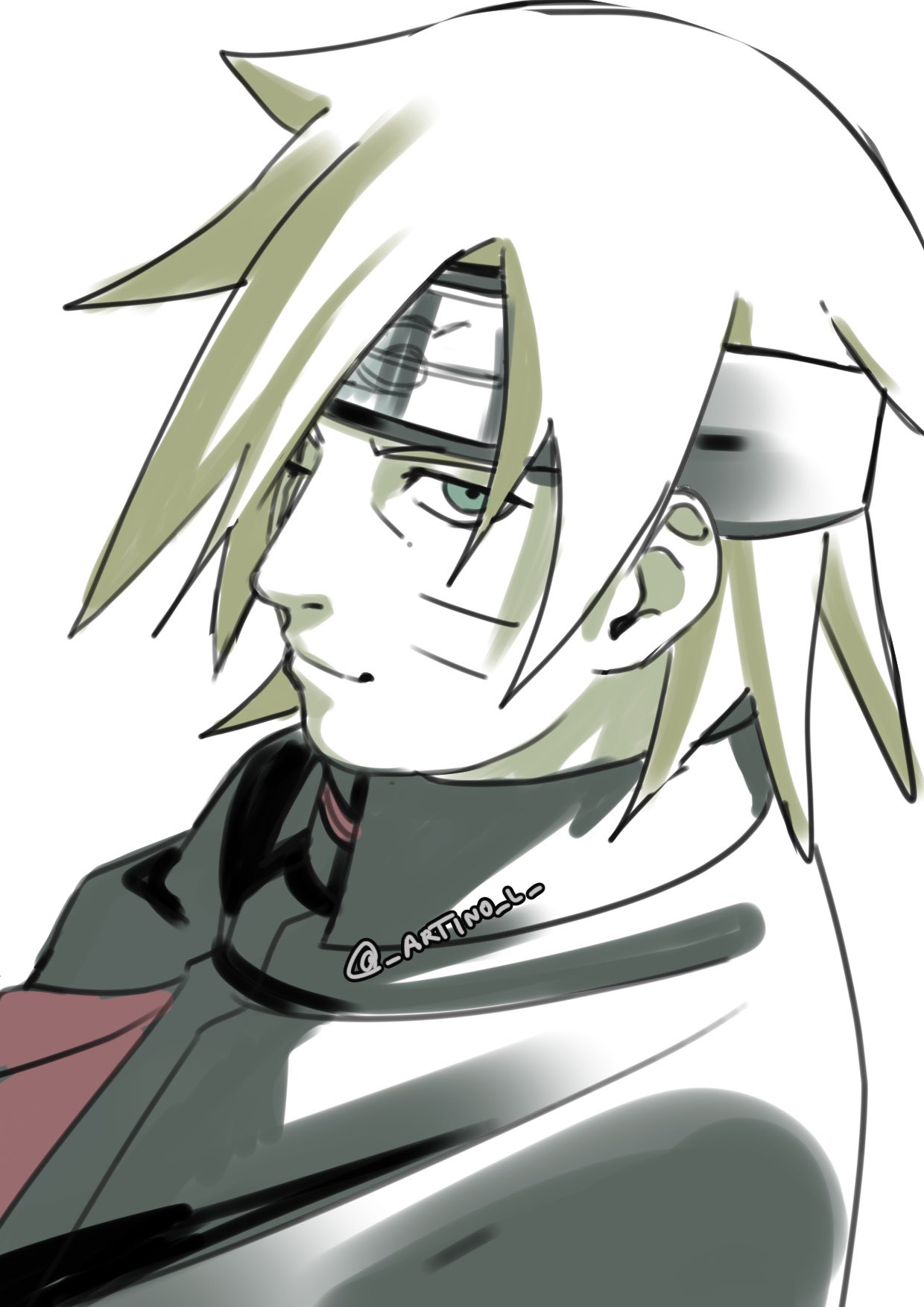 1boy, artino_l, black_cloak, black_headband, blonde_hair, blue_eyes, boruto:_two_blue_vortex, cloak, commentary, forehead_protector, hashtag-only_commentary, headband, highres, male_focus, naruto_(series), one_eye_closed, portrait, profile, scar, scar_across_eye, scar_on_face, smile, solo, twitter_username, uzumaki_boruto