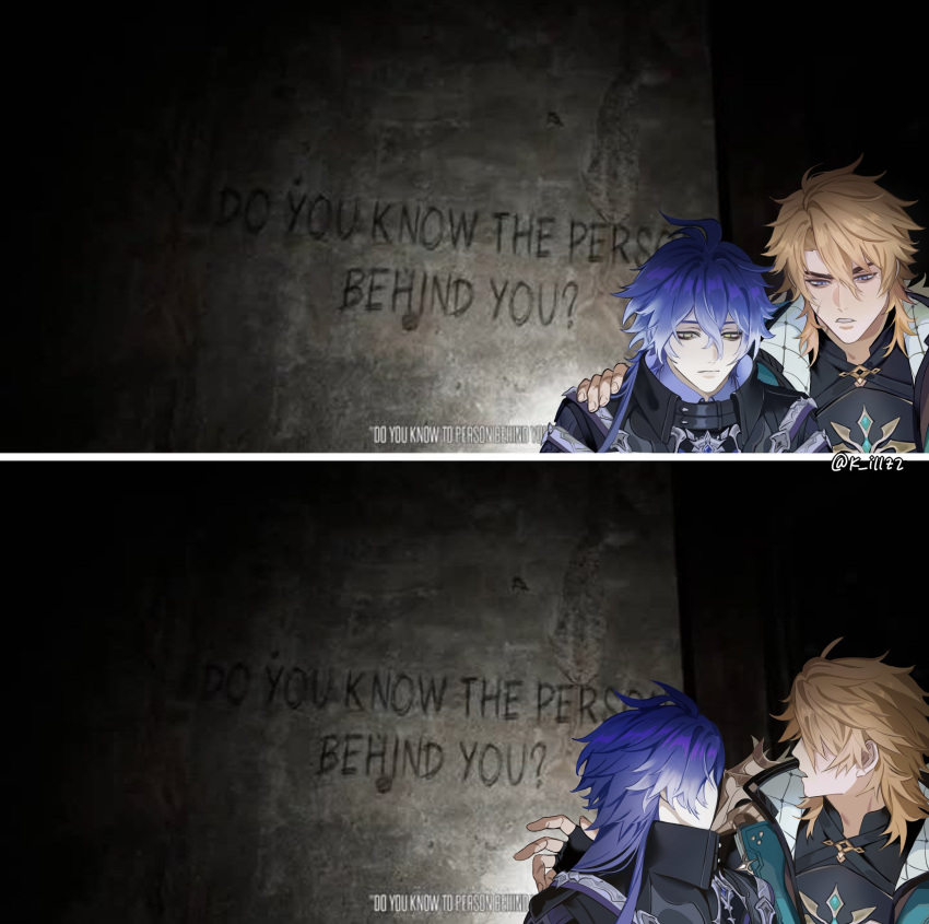2boys, absurdres, blonde_hair, blue_eyes, blue_hair, collared_coat, commentary, do_you_know_the_person_behind_you?_(meme)