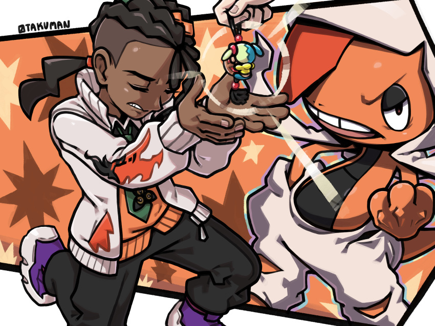1boy, absurdres, canari_plush_(pokemon), character_doll, clenched_teeth, closed_eyes, coat, colored_skin