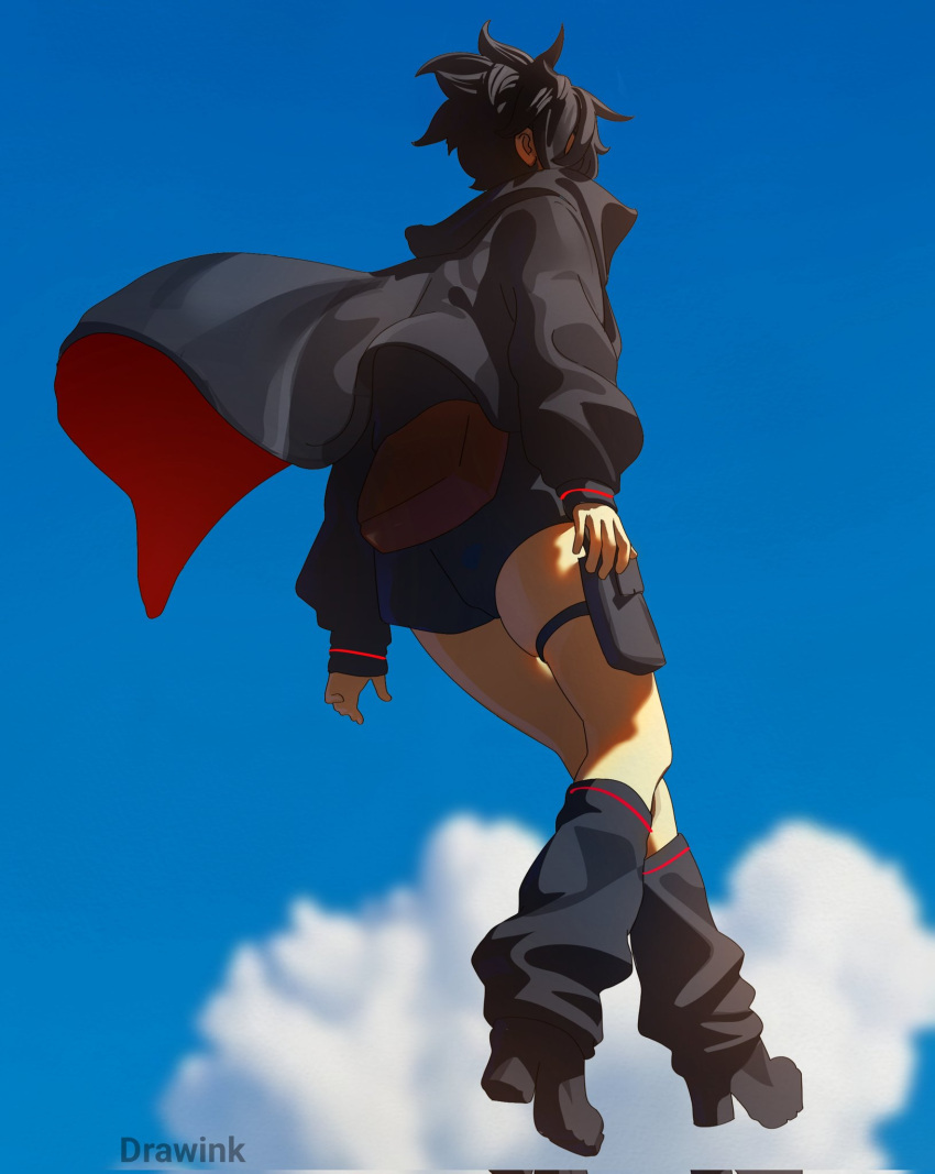 1girl, artist_name, black_boots, black_hair, black_jacket, black_shorts, black_socks, boots