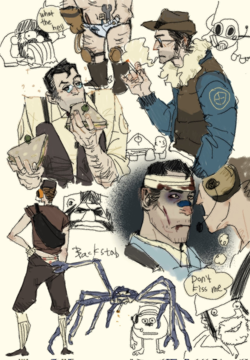 6+boys, bandaged_head, bandages, bandaid, bandaid_on_face, black_hair, blood, blood_on_face