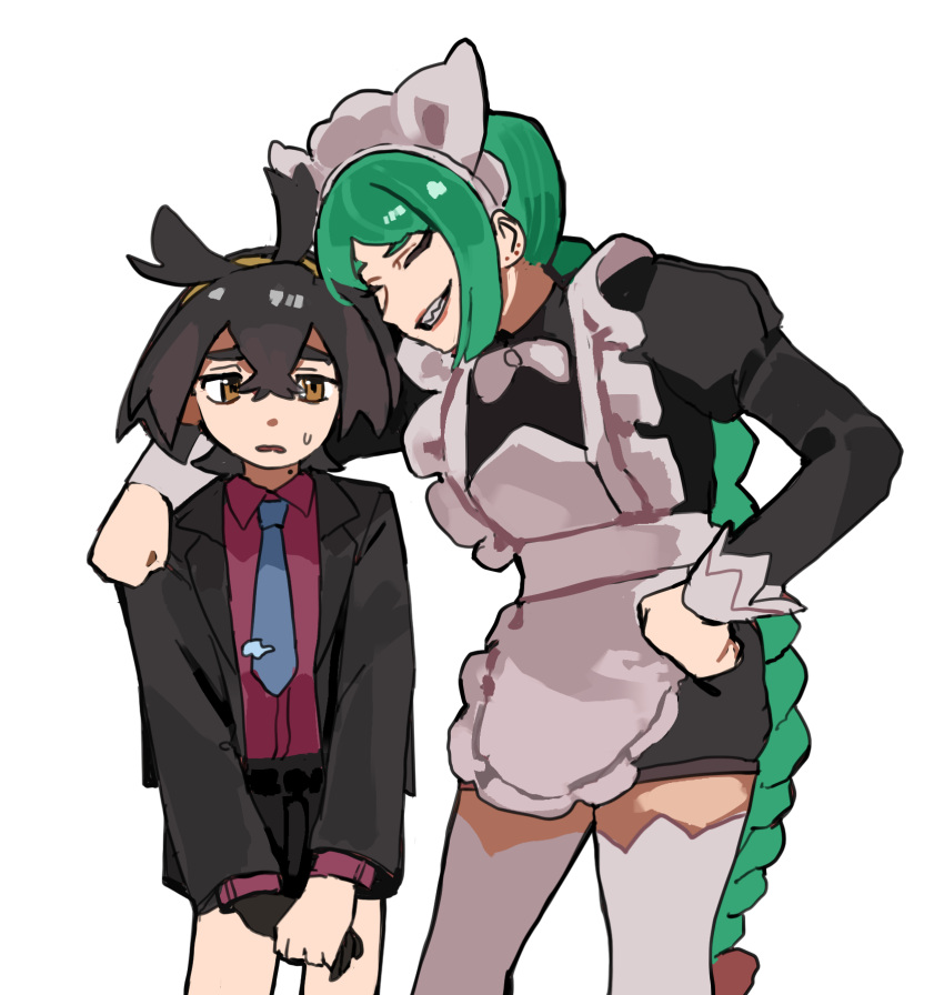 1boy, 1girl, apron, arm_around_shoulder, black_shorts, blue_necktie, bow, bowtie