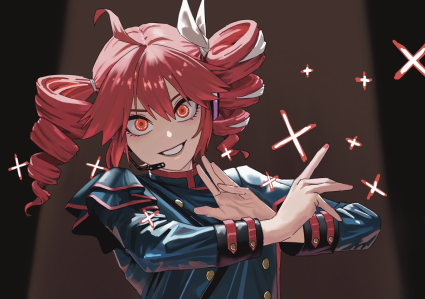 1girl, ahoge, black_jacket, buttons, commentary, double-breasted, drill_hair, h4sh1rnoto