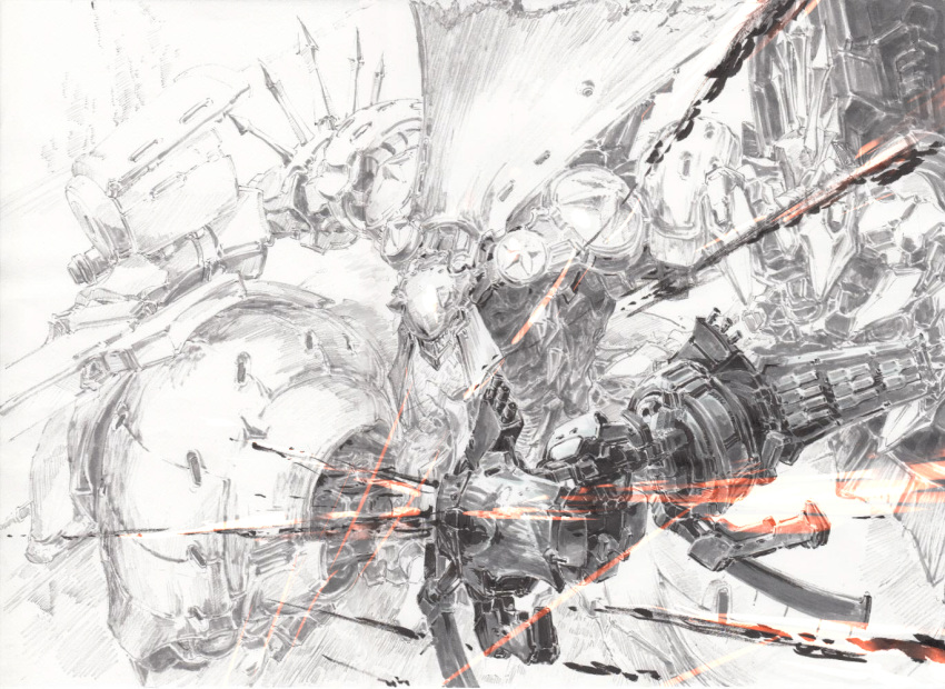eboshidori, graphite_(medium), ikaruga, ikaruga_(ship), koukaku, mecha, monochrome, no_humans