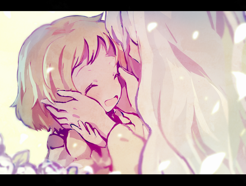2girls, blonde_hair, blurry, blurry_foreground, closed_eyes, commentary_request, flower, hand_on_another's_hand