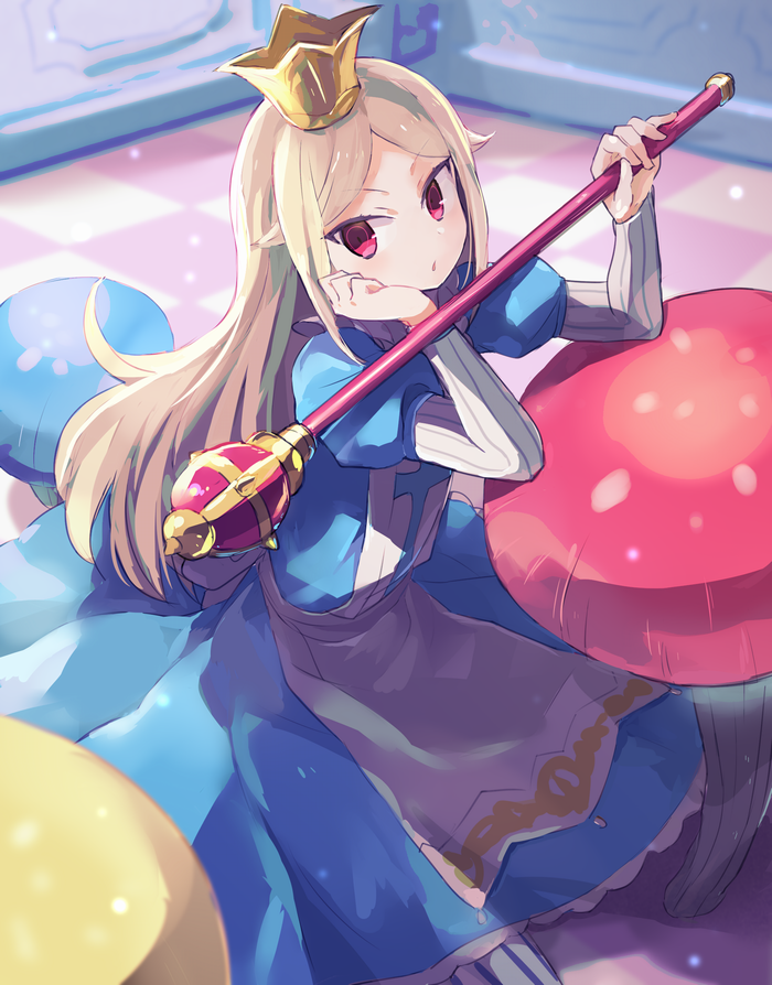 1boy, apron, blonde_hair, blue_dress, commentary_request, crown, dress, gold_headwear, gown, hair_flaps, hand_on_own_face, holding, holding_scepter, juliet_sleeves, kneeling, long_hair, long_sleeves, looking_at_viewer, makino_(727me727), male_focus, mini_crown, mushroom, no, on_mushroom, open_mouth, parted_bangs, puffy_sleeves, red_eyes, refrain_no_chika_meikyuu_to_majo_no_ryodan, scepter, solo, tile_floor, tiles