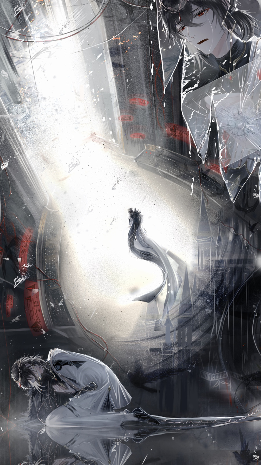 1boy, ayn_alwyn, ayn_alwyn_(mist_city), black_cape, black_shirt, black_shoes, cable, cape