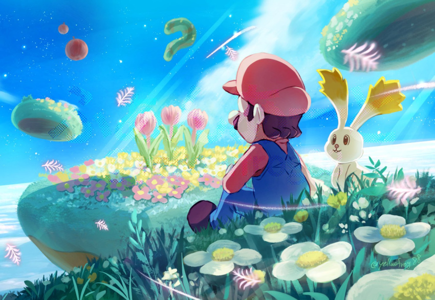 1boy, blue_overalls, blue_sky, brown_hair, brown_shoes, commentary_request, flower, full_body