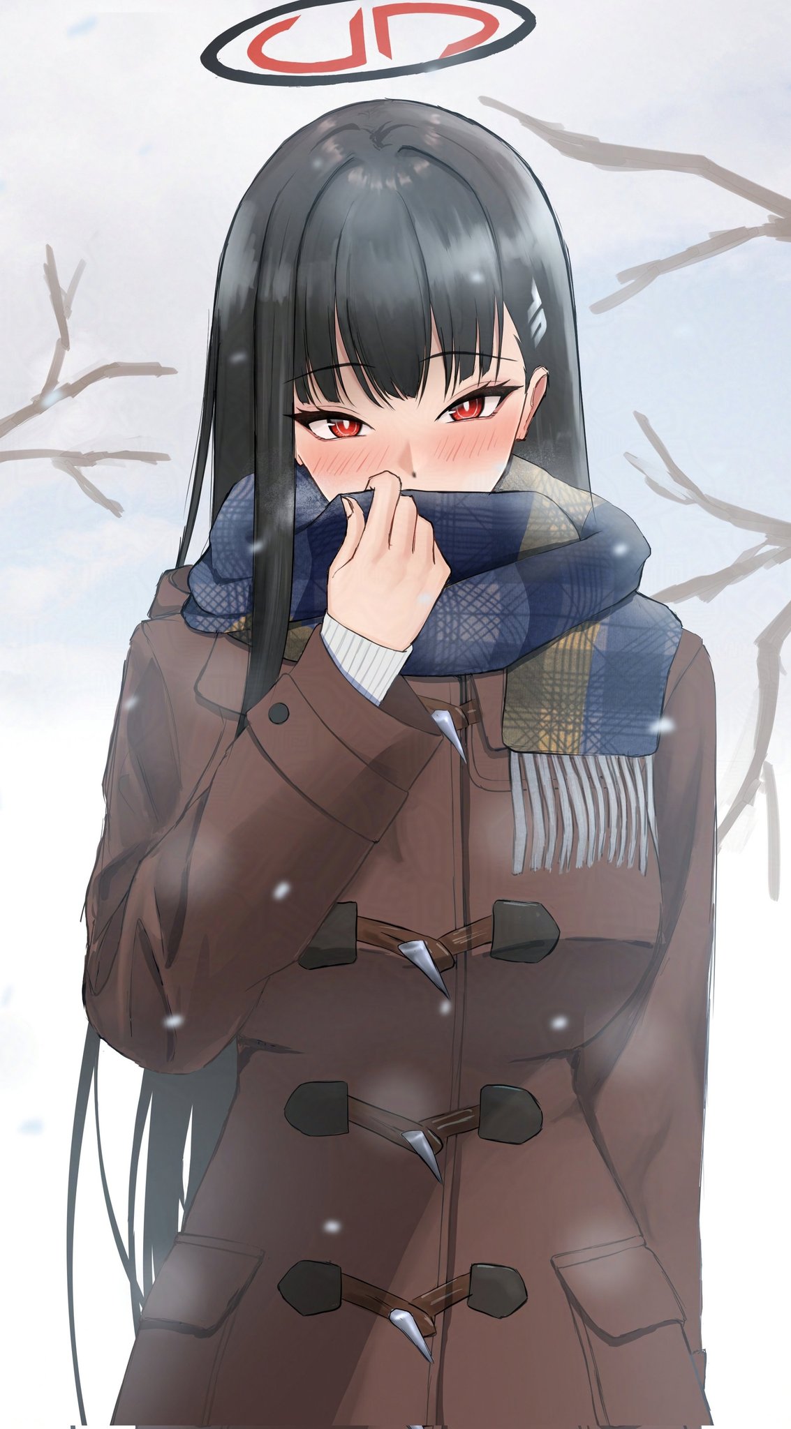 1girl, asao_(asaomm12345), black_hair, black_halo, blue_archive, blue_scarf, blush, breasts, bright_pupils, brown_coat, coat, covering_own_mouth, hair_behind_ear, hair_ornament, hairclip, halo, hashtag-only_commentary, highres, large_breasts, long_hair, looking_at_viewer, multicolored_halo, red_eyes, red_halo, rio_(blue_archive), scarf, solo, sweater, two-tone_halo, very_long_hair, white_pupils, white_sweater