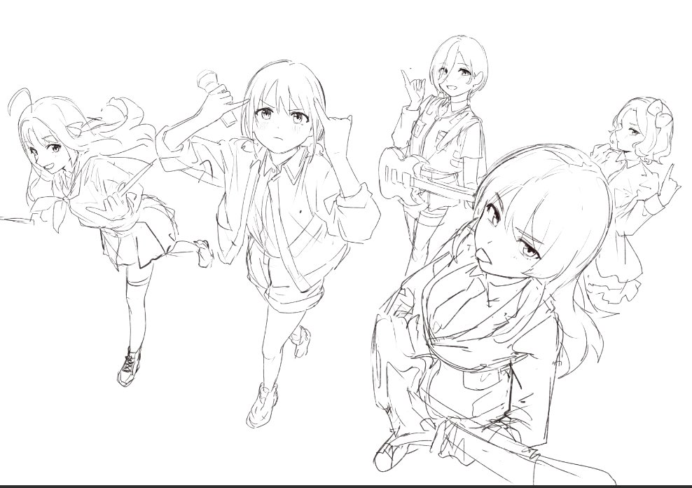 5girls, ahoge, awa_subaru, bass_guitar, bow, closed_mouth, ebizuka_tomo, gibson_sg_(bass)