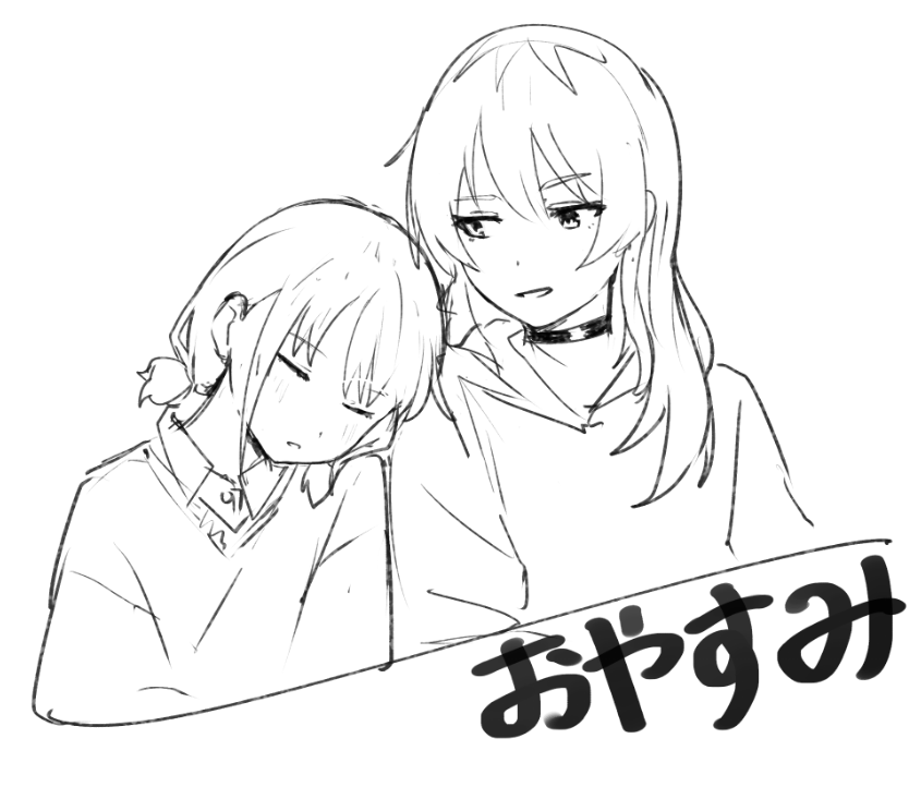 2girls, choker, commentary, girls_band_cry, greyscale, iseri_nina, jacket, kawaragi_momoka