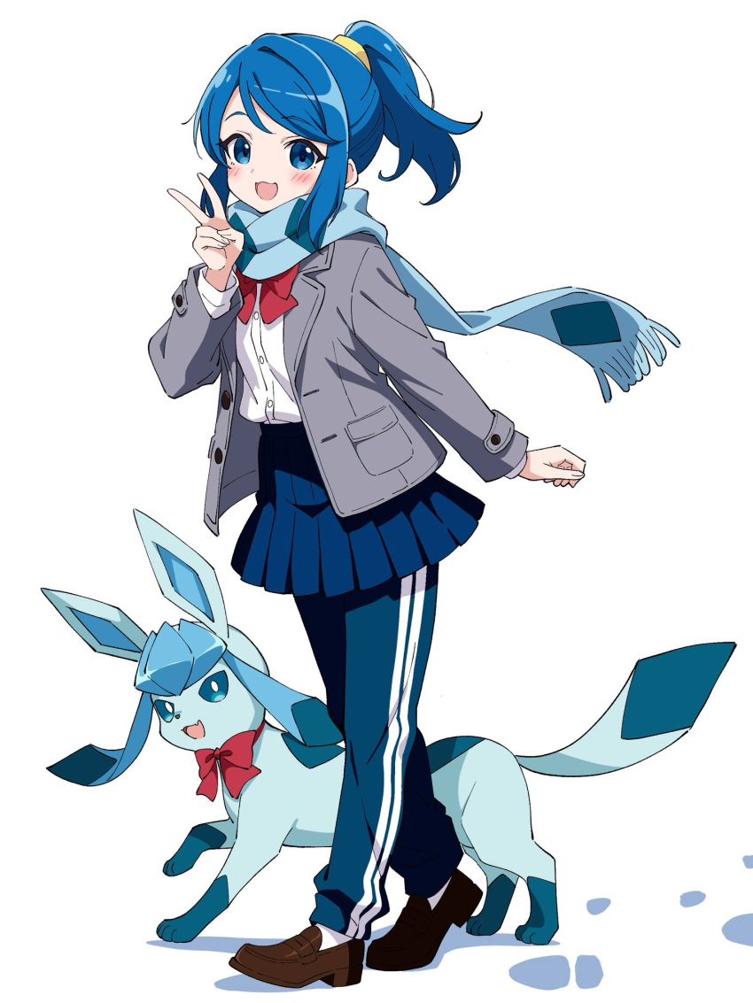 1girl, :d, blue_eyes, blue_hair, blue_pants, blue_scarf, blue_skirt, blush