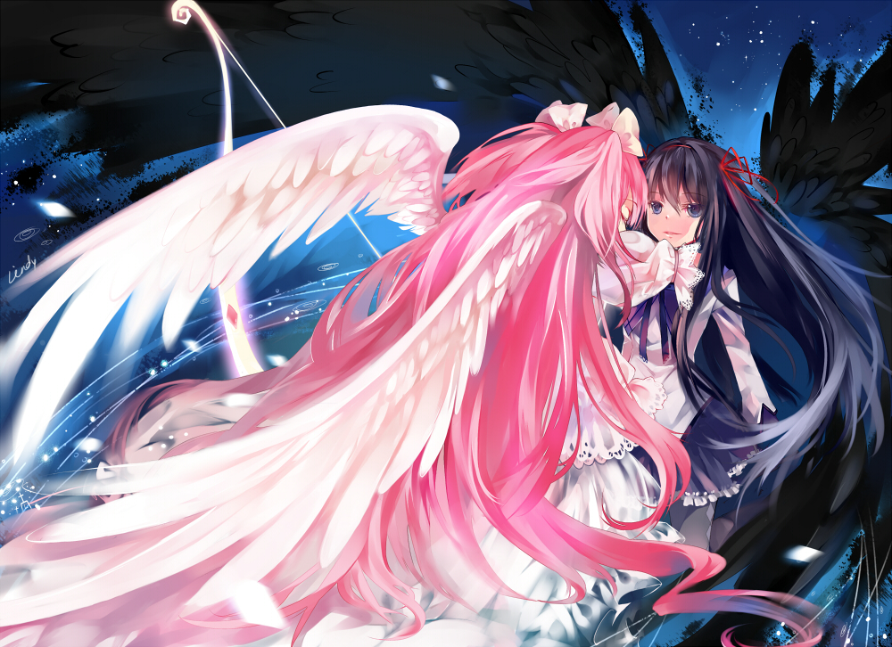 akemi_homura, black_hair, bow_(weapon), goddess_madoka, kaname_madoka, lindypclo, long_hair, magical_girl