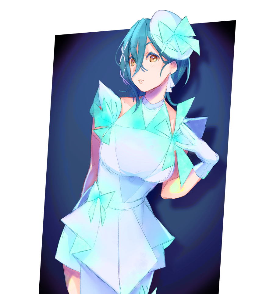 1girl, absurdres, aqua_dress, bare_shoulders, blue_background, blue_hair, border, breasts