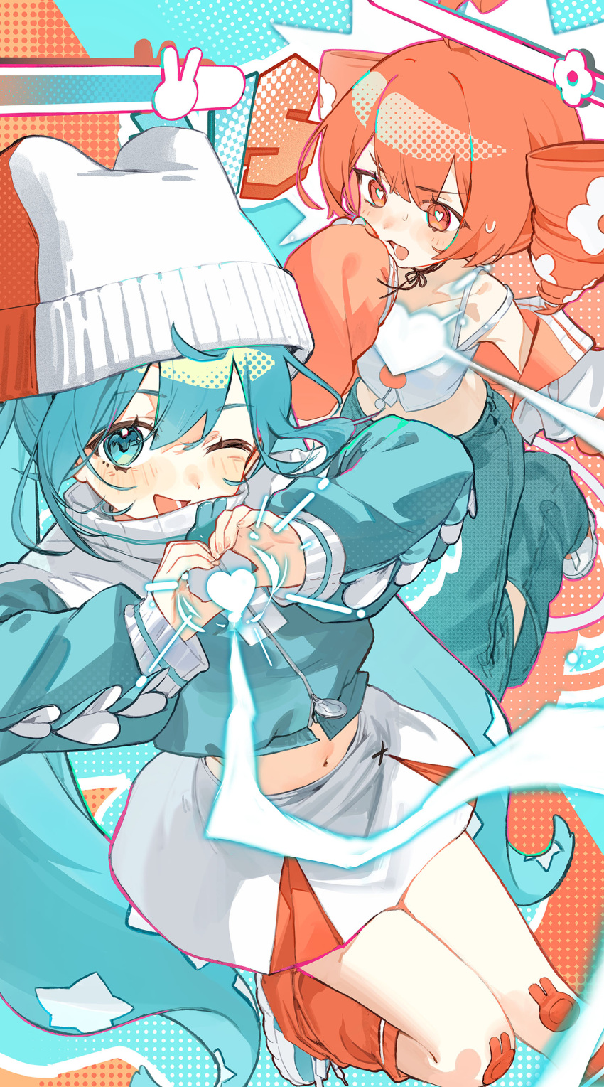 2girls, ;d, absurdres, blue_eyes, blue_hair, blue_jacket, blush_stickers, commentary